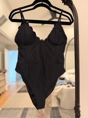 Ramy Brook Corset Black Scalloped-Edge One-Piece